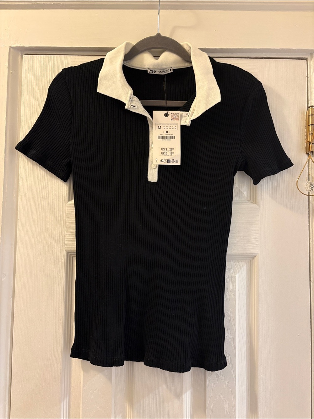 Zara Black Ribbed Polo Top with White Contrast Collar